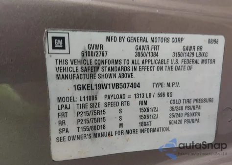 1997 GMC Safari Slx z USA, uszkodzony, nr VIN 1GKEL19W1VB507404